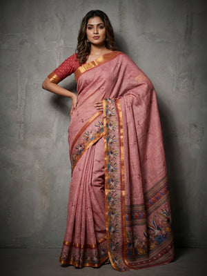Elegant Pink Pure Cotton Digital Print Saree with Zari Border - Image 1