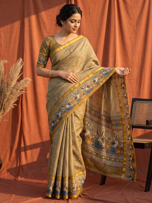 Elegant Olive Digital Print Pure Cotton Saree with Zari Border - Image 1