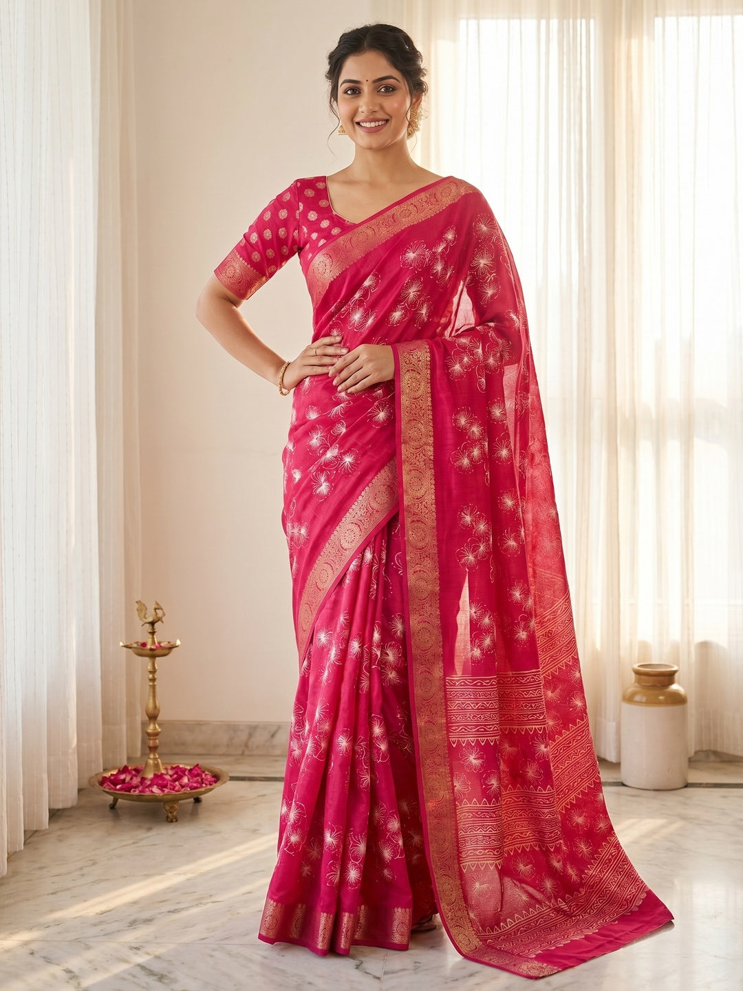 Elegant Pink Dola Silk Saree with Digital Print and Zari Border - Image 1