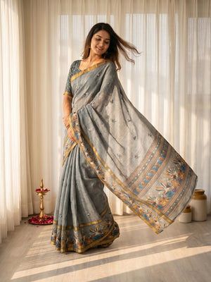 Elegant Grey Pure Cotton Saree with Digital Print & Zari Border - Image 1