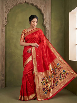 Elegant Red Banarasi Silk Saree with Rich Zari Weaving and Paithani Pallu - Image 1