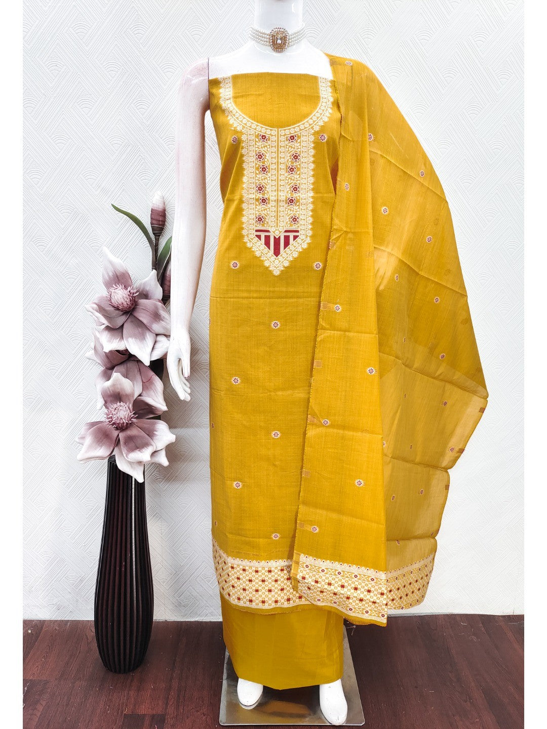 Luxurious Mustard Traditional Floral Weaving Jamdani Chanderi Cotton Dress Material - Image 3