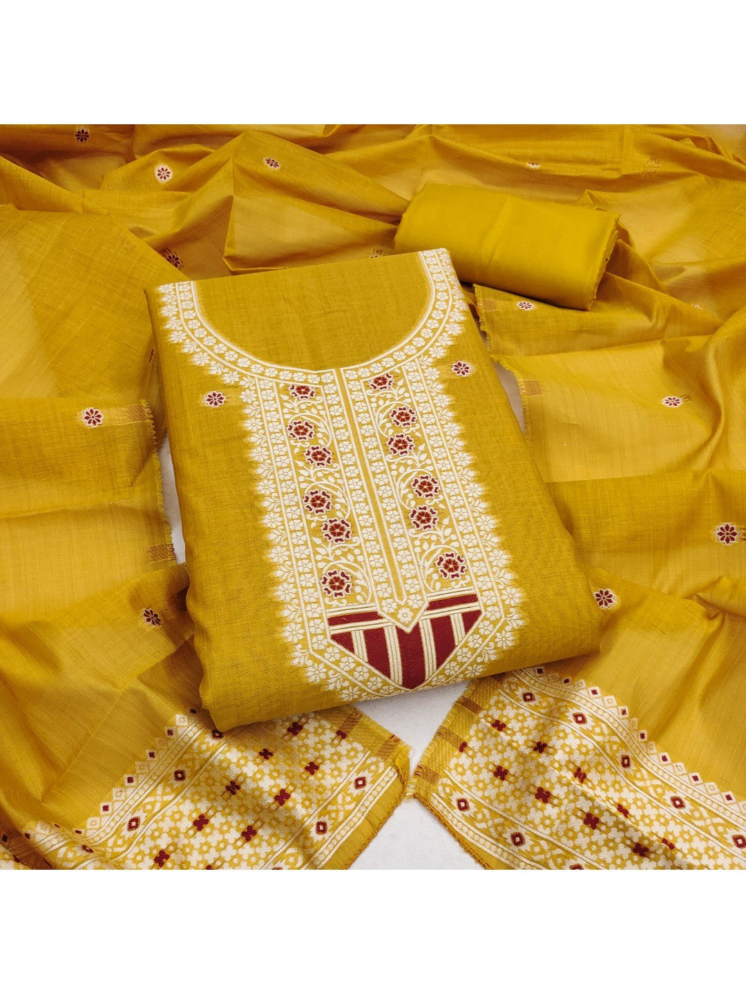 Luxurious Mustard Traditional Floral Weaving Jamdani Chanderi Cotton Dress Material - Image 1