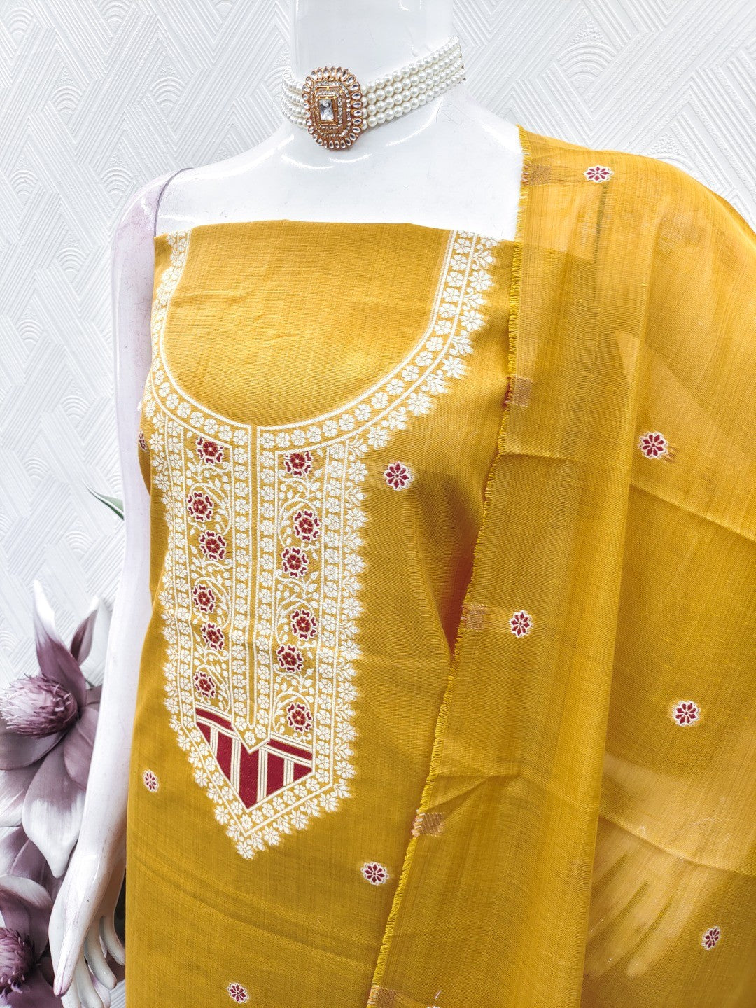 Luxurious Mustard Traditional Floral Weaving Jamdani Chanderi Cotton Dress Material - Image 4