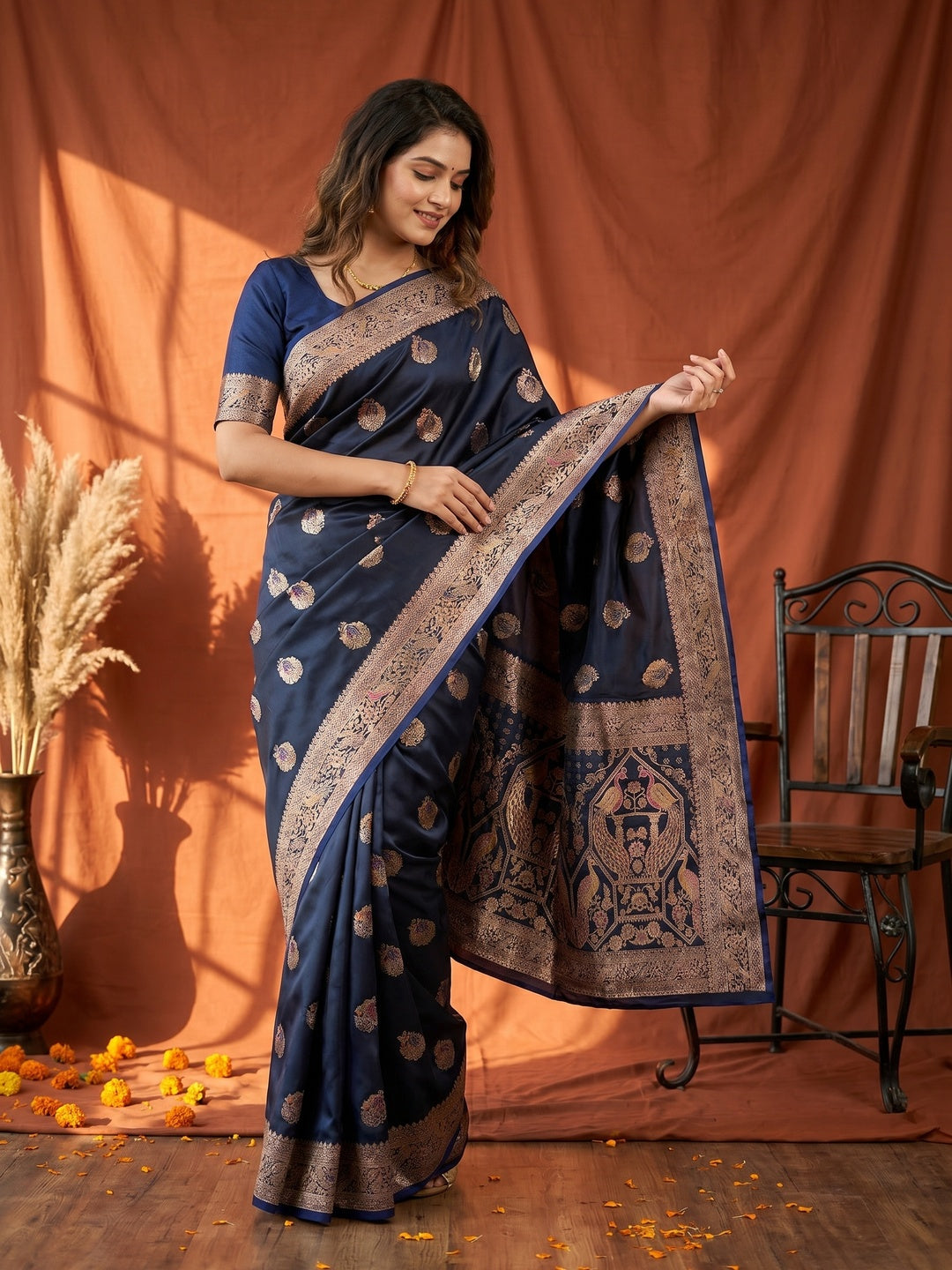 Elegant Navy Blue Satin Saree with Intricate Zari Weaving - Image 1