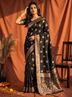 Elegant Teal Satin Zari Weaving Saree with Sophisticated Drape - Image 1