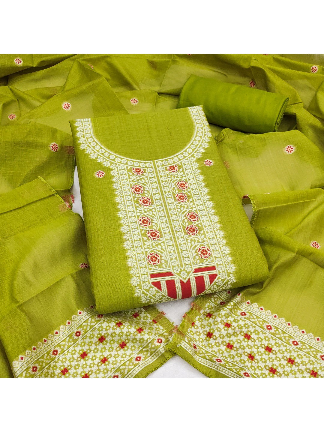 Luxurious Green Traditional Floral Weaving Jamdani Chanderi Cotton Dress Material - Image 1