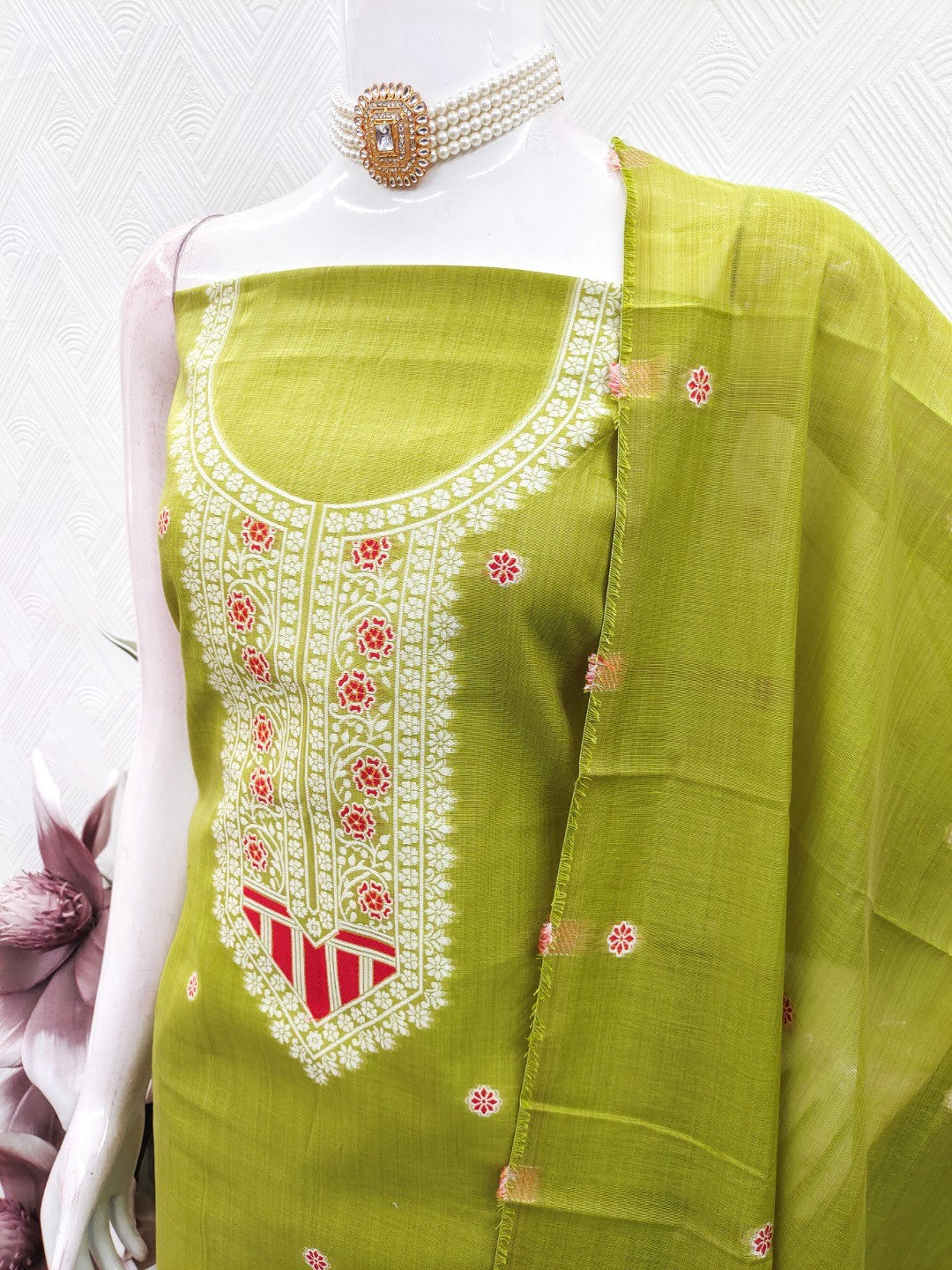 Luxurious Green Traditional Floral Weaving Jamdani Chanderi Cotton Dress Material - Image 3