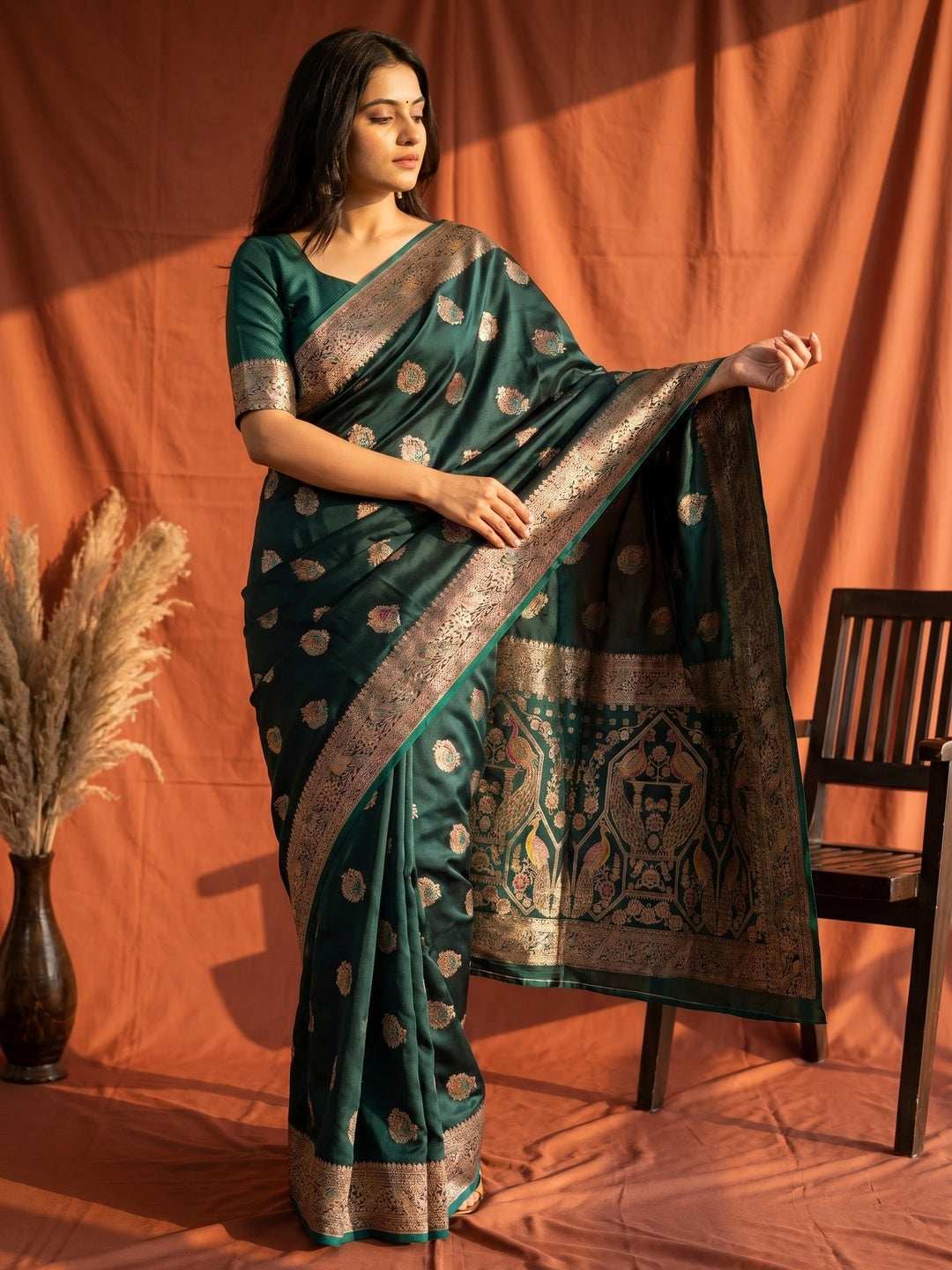 Morpich Green Satin Saree with Elaborate Zari Weaving and Peacock Motifs - Image 1