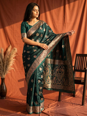 Morpich Green Satin Saree with Elaborate Zari Weaving and Peacock Motifs - Image 1