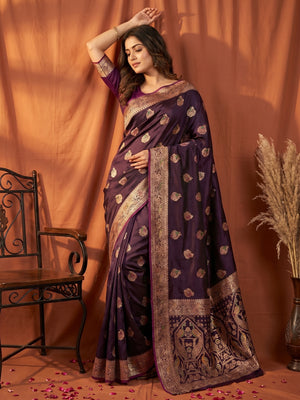 Elegant Wine Satin Saree with Intricate Zari Weaving and Floral Motifs - Image 1