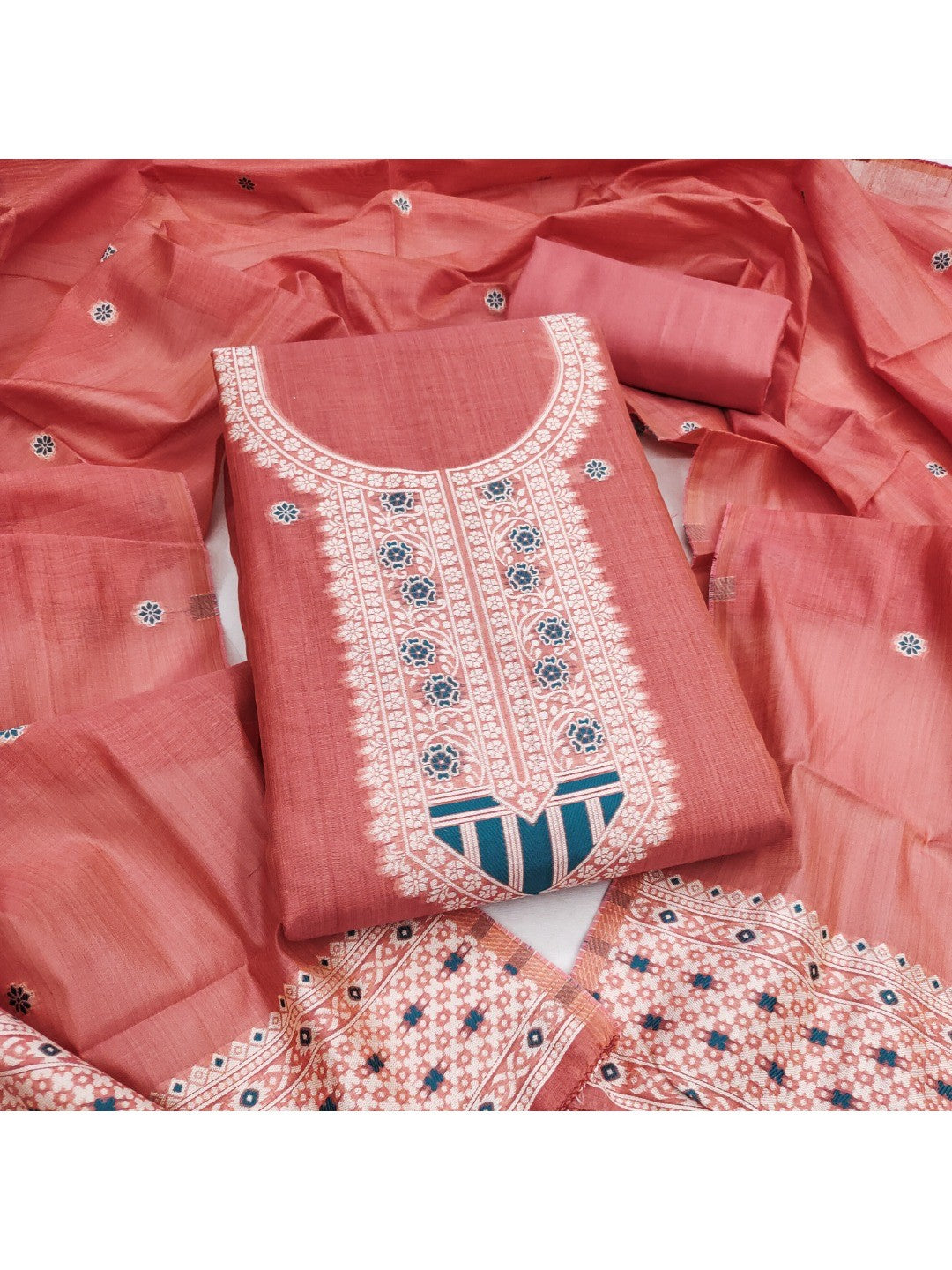 Luxurious Peach Traditional Floral Weaving Jamdani Chanderi Cotton Dress Material - Image 1
