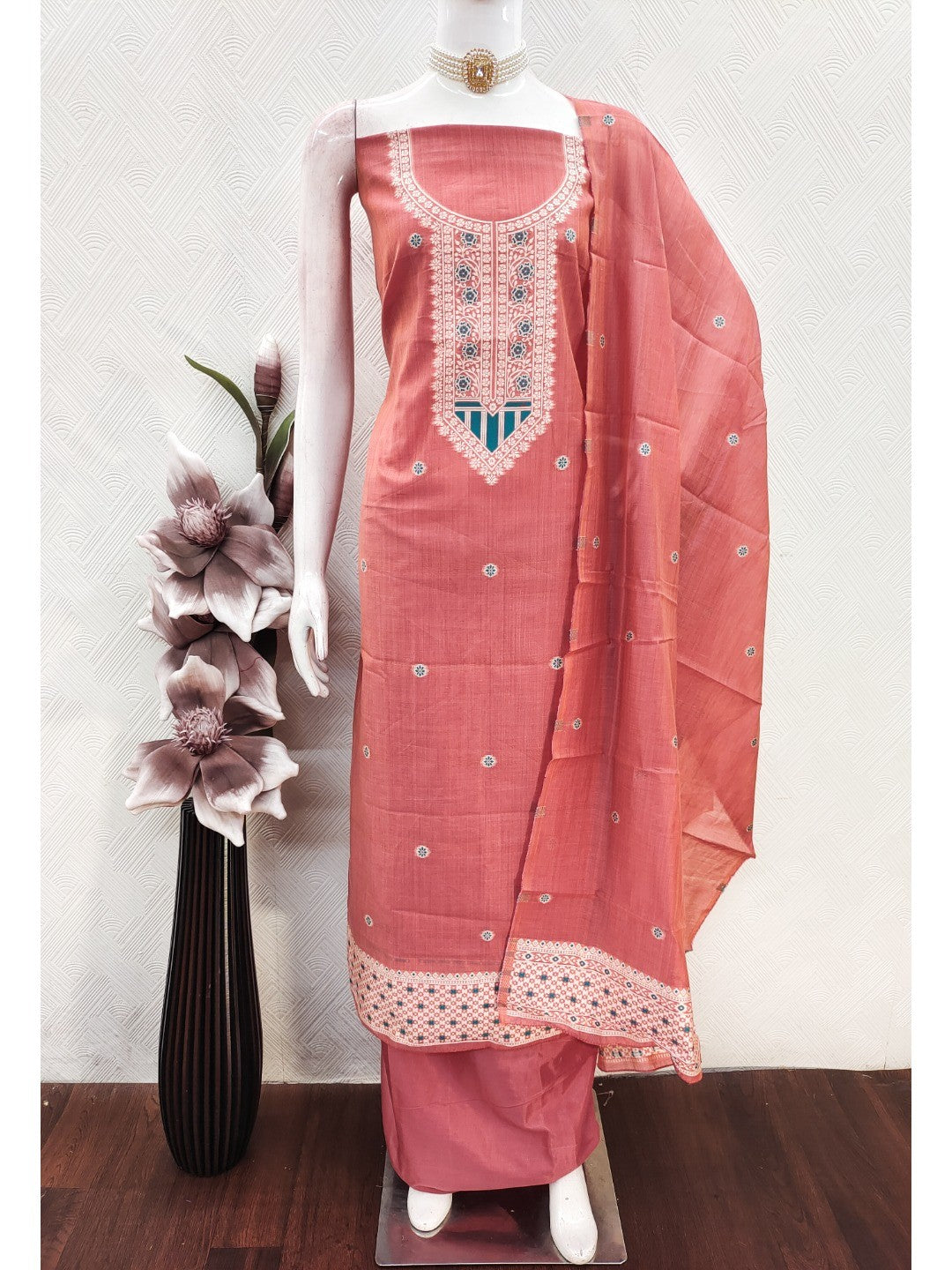 Luxurious Peach Traditional Floral Weaving Jamdani Chanderi Cotton Dress Material - Image 3
