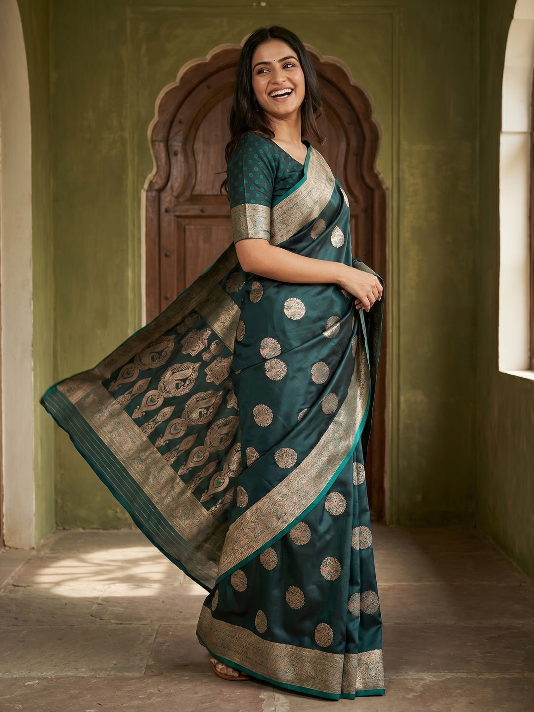 Elegant Morpich Green Satin Saree with Intricate Zari Weaving and Peacock Motif - Image 1