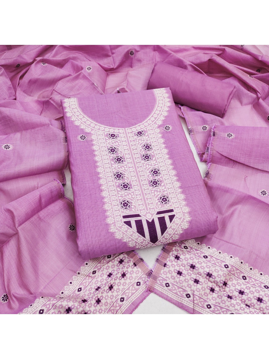 Luxurious Light Purple Traditional Floral Weaving Jamdani Chanderi Cotton Dress Material - Image 1