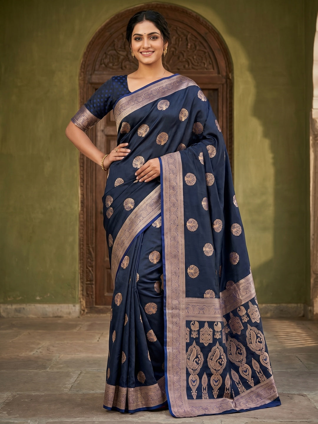 Classic Blue Satin Saree with Elegant Zari Weaving and Floral Motifs - Image 1
