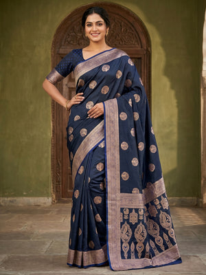 Classic Blue Satin Saree with Elegant Zari Weaving and Floral Motifs - Image 1