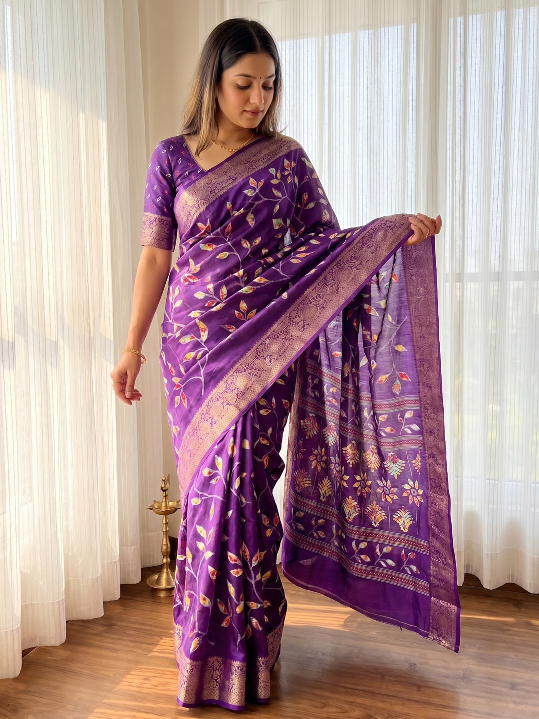 Violet Dola Silk Saree with Floral Print and Rich Jacquard Border - Image 1