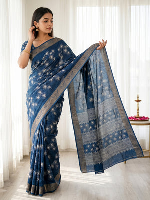 Elegant Blue Dola Silk Saree with Floral Digital Print and Zari Border - Image 1