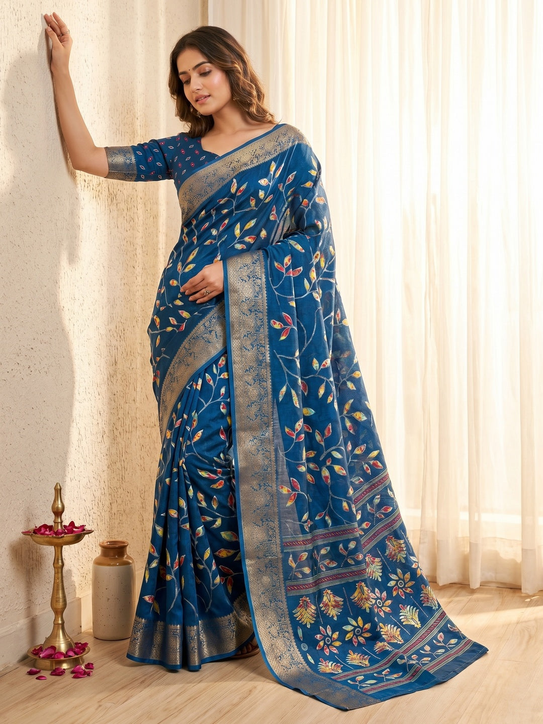 Elegant Blue Dola Silk Saree with Floral Print and Zari Border - Image 1