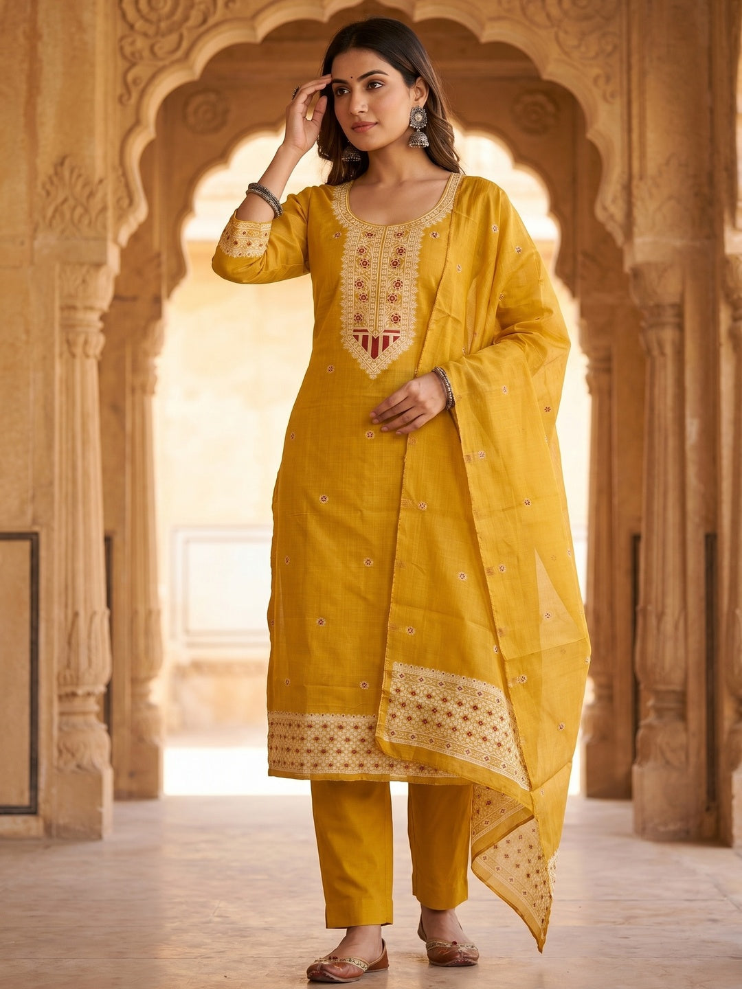 Luxurious Mustard Traditional Floral Weaving Jamdani Chanderi Cotton Dress Material - Image 2