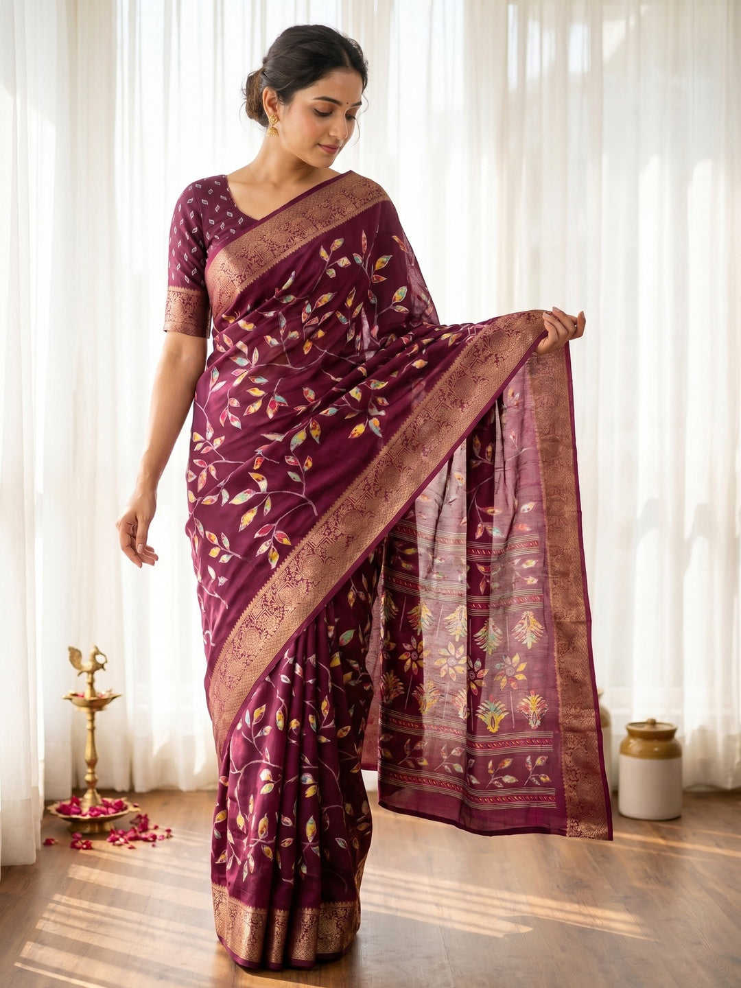 Elegant Wine Dola Silk Saree with Floral Prints and Zari Border - Image 1