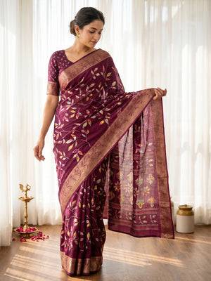 Elegant Wine Dola Silk Saree with Floral Prints and Zari Border - Image 1