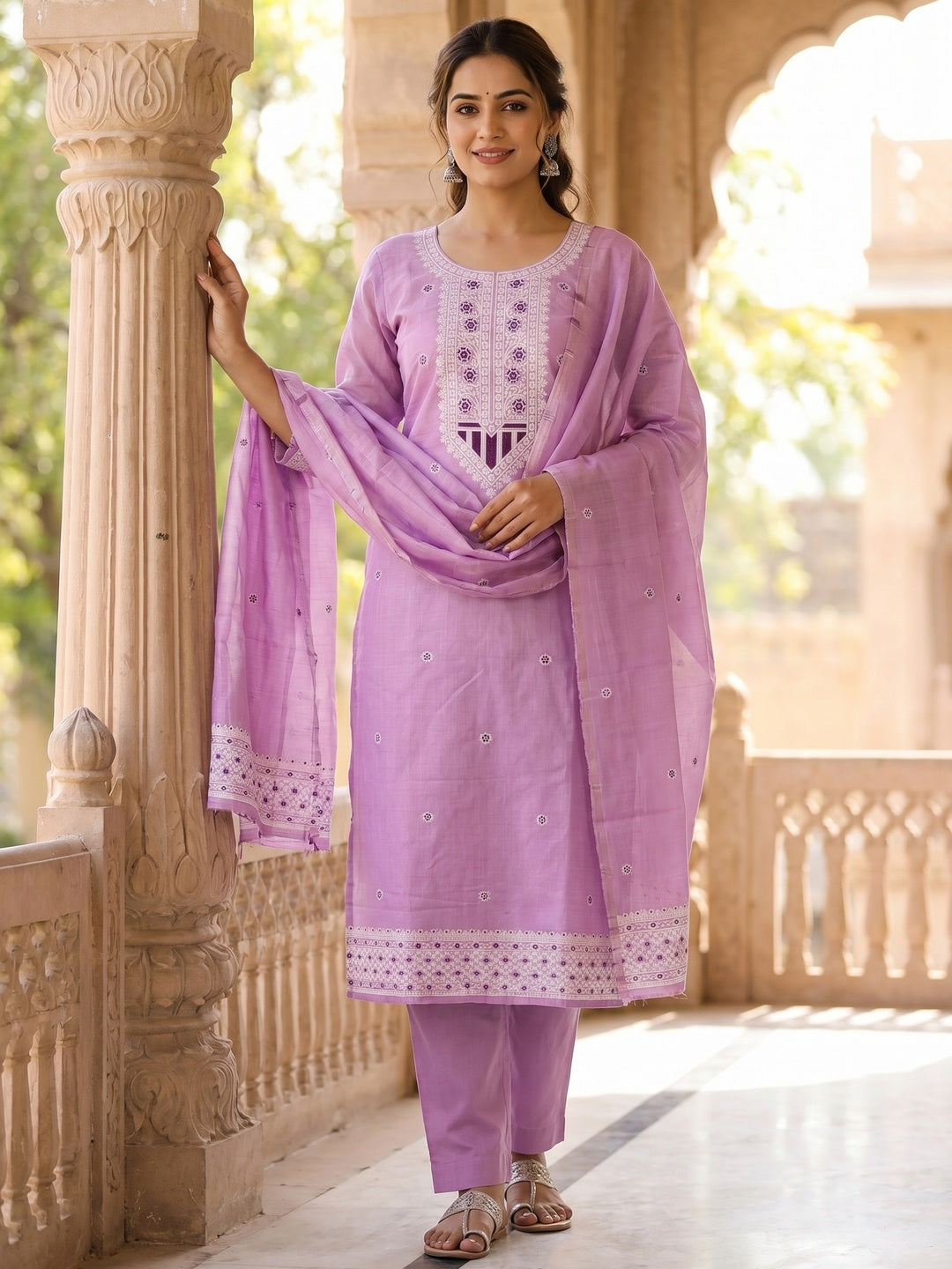 Luxurious Light Purple Traditional Floral Weaving Jamdani Chanderi Cotton Dress Material - Image 2