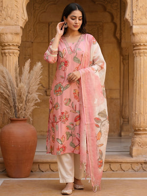 Pink Floral Printed Viscose Kurta with Straight Pant Set - Image 1