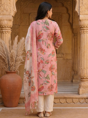 Pink Floral Printed Viscose Kurta with Straight Pant Set - Image 2