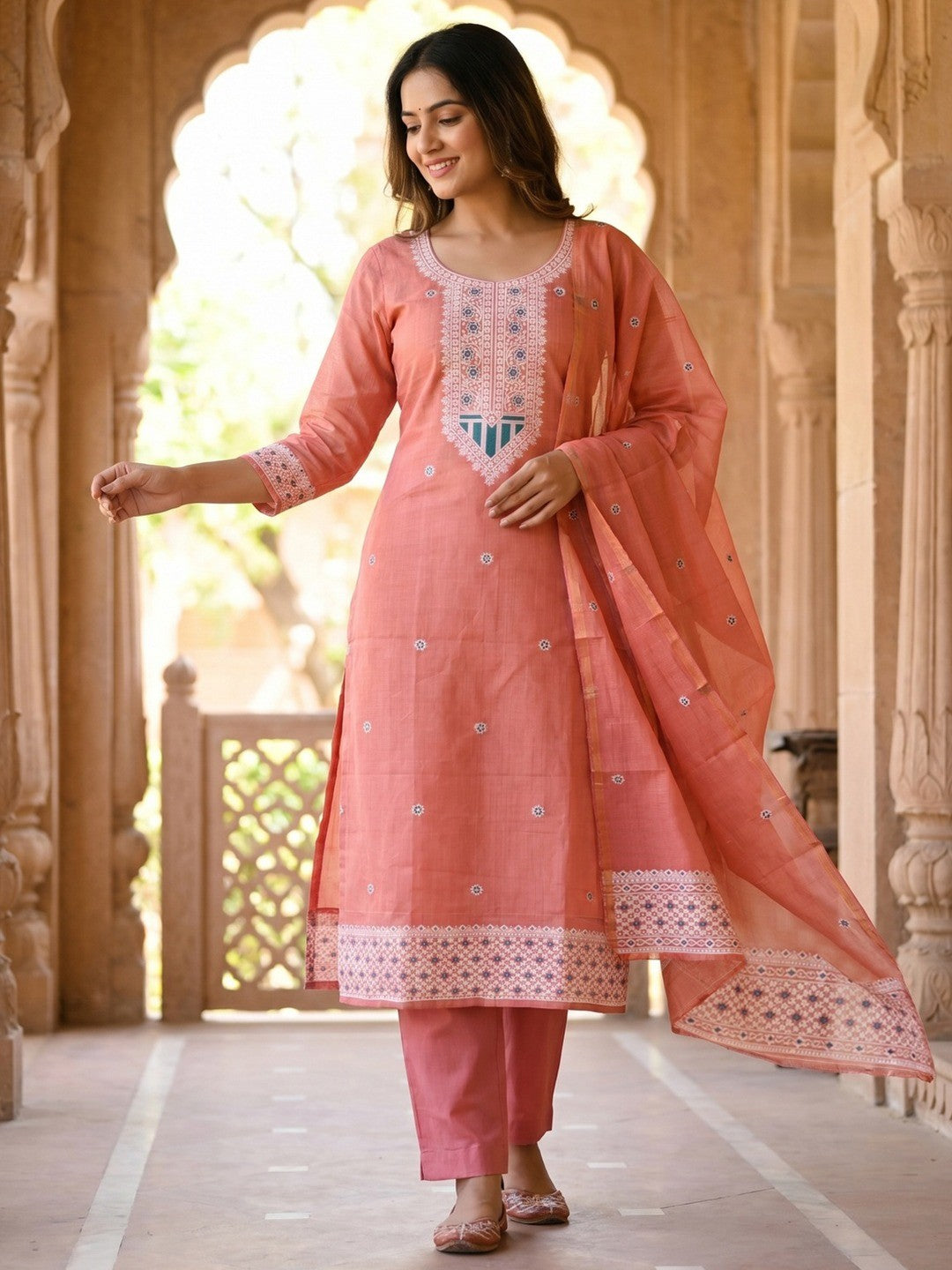 Luxurious Peach Traditional Floral Weaving Jamdani Chanderi Cotton Dress Material - Image 2