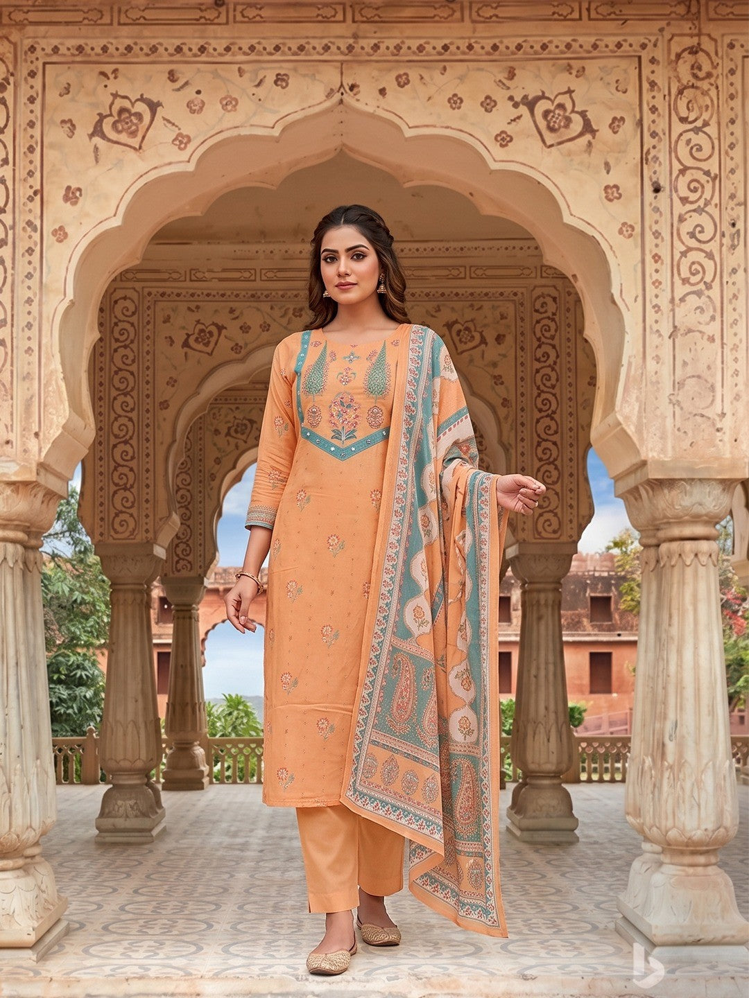 Orange Cotton Blend Kurta Set with Floral Print and Dupatta Relaxed Fit Style - Image 1