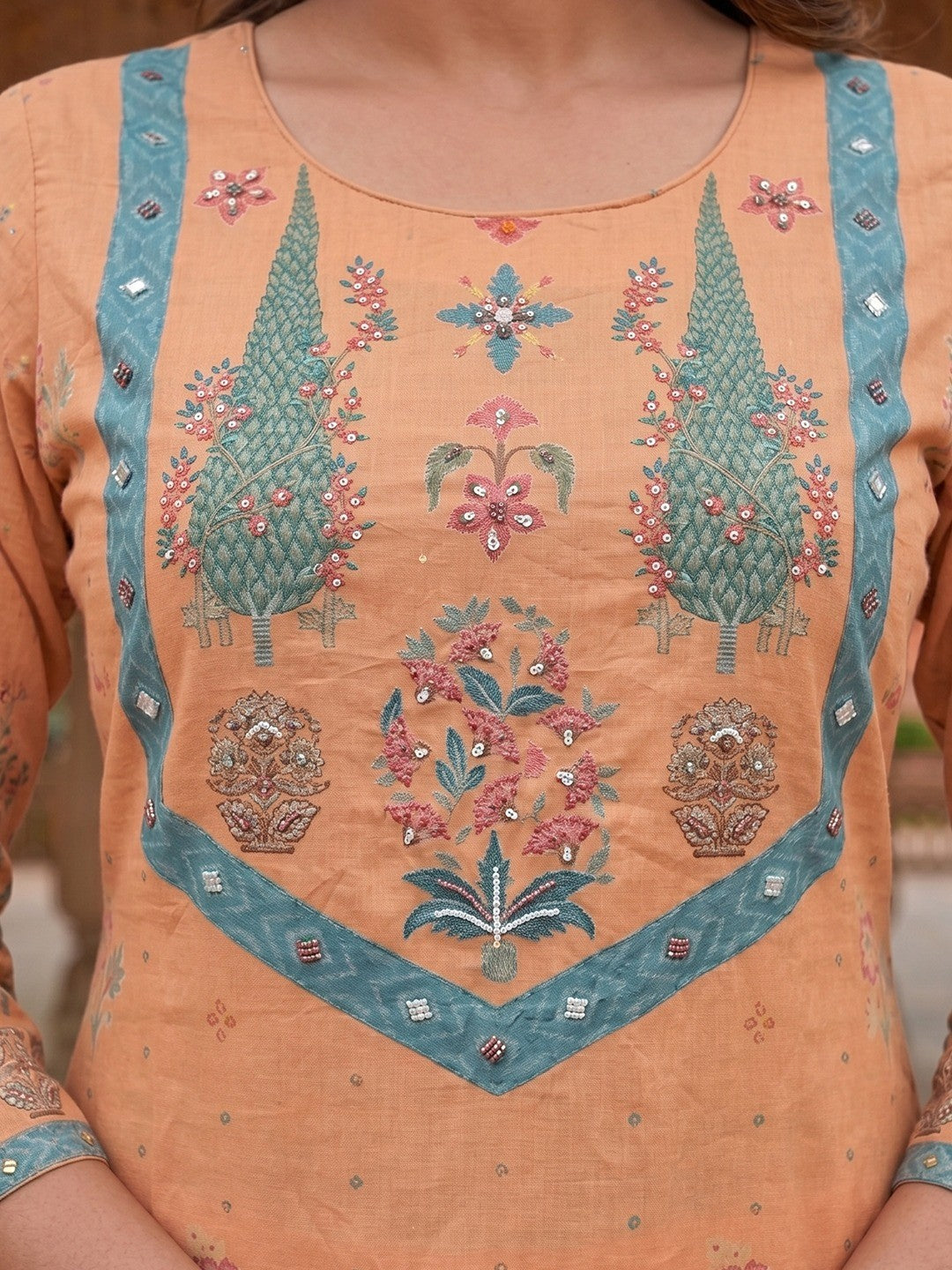 Orange Cotton Blend Kurta Set with Floral Print and Dupatta Relaxed Fit Style - Image 4