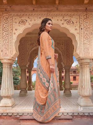 Orange Cotton Blend Kurta Set with Floral Print and Dupatta Relaxed Fit Style - Image 2