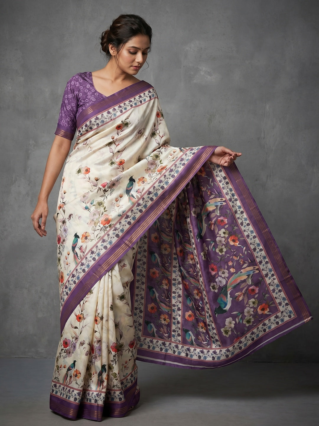 Offwhite & Purple Dola Silk Saree with Elegant Floral and Bird Digital Print - Image 1