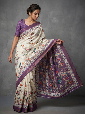 Offwhite & Purple Dola Silk Saree with Elegant Floral and Bird Digital Print - Image 1