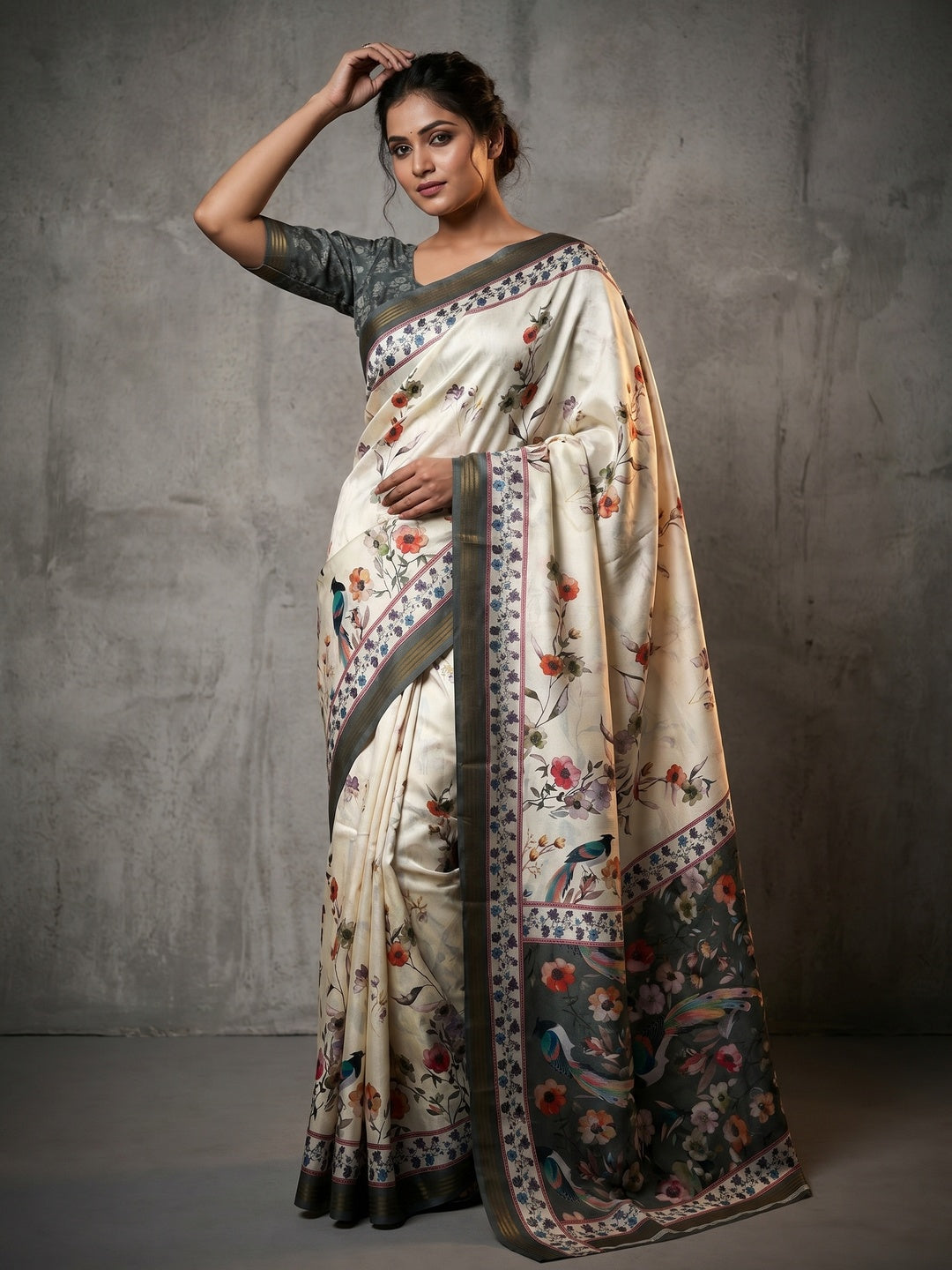 Elegant Offwhite & Grey Dola Silk Saree with Floral & Digital Print - Image 1
