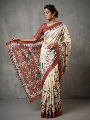 Elegant Offwhite & Brown Dola Silk Saree with Floral & Digital Print - Image 1