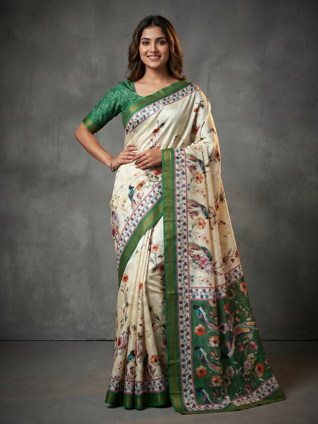 Offwhite & Green Dola Silk Saree with Floral Digital Print and Zari Work - Image 1