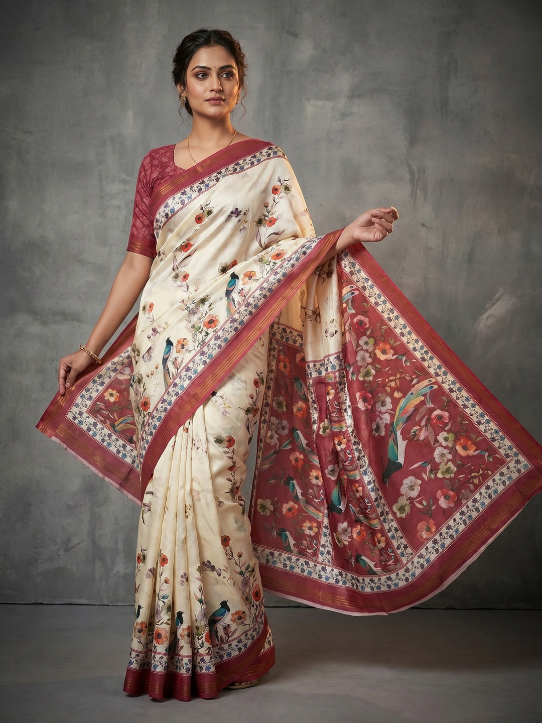 Elegant Offwhite & Maroon Dola Silk Saree with Floral & Digital Print - Image 1