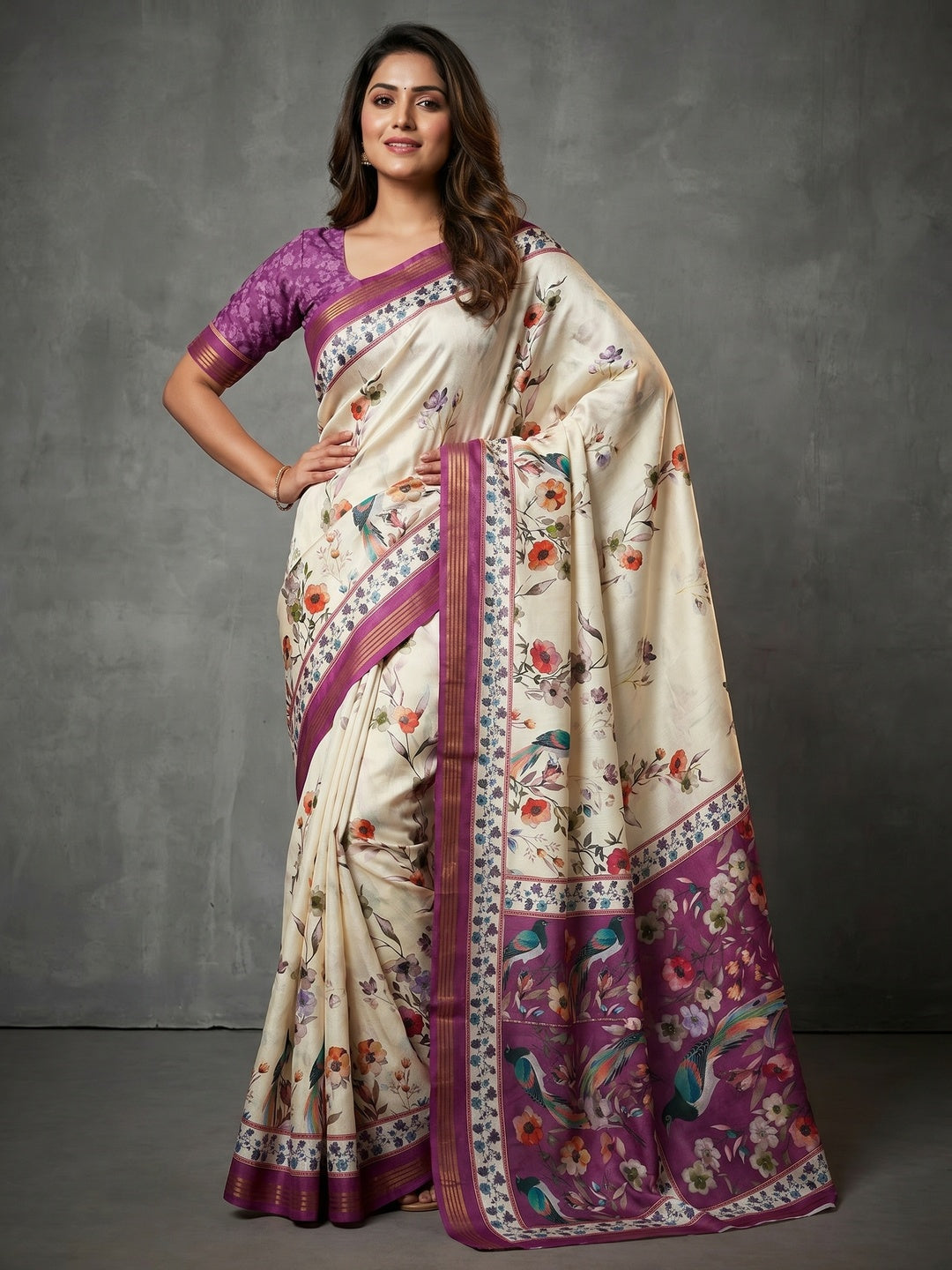Elegant Offwhite & Magenta Dola Silk Saree with Vibrant Floral Digital Print - Image 1
