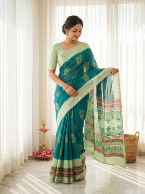 Rama Blue Pure Cotton Saree with Jari Border and Digital Print - Image 1