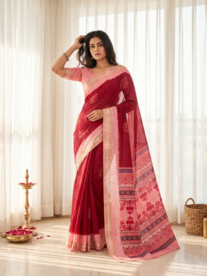 Elegant Red Pure Cotton Saree with Zari Border and Floral Print - Image 1