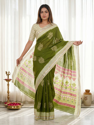 Elegant Green Pure Cotton Saree with Zari Border and Digital Print - Image 1