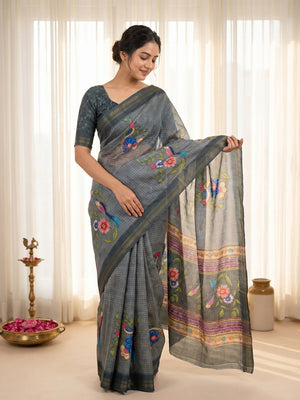 Elegant Grey Pure Cotton Saree with Digital Print and Zari Border - Image 1