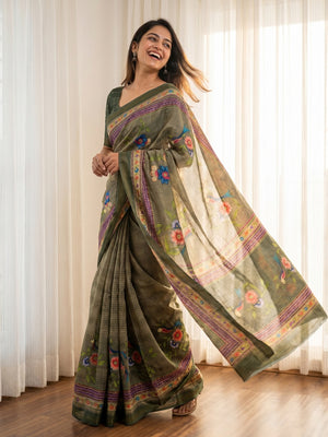 Elegant Green Pure Cotton Saree with Digital Print and Zari Border - Image 1