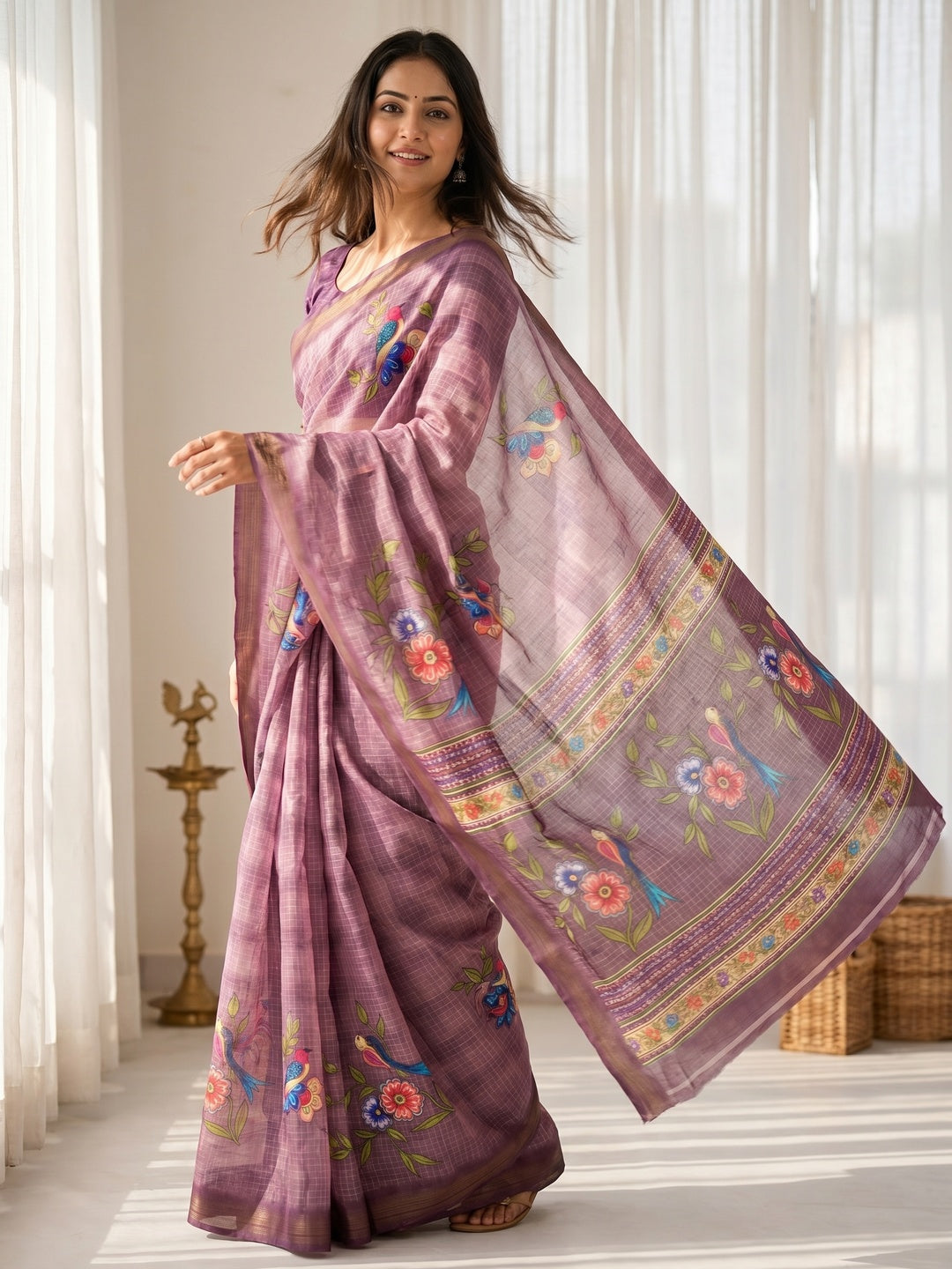 Elegant Mauve Pure Cotton Saree with Digital Print and Zari Border - Image 1