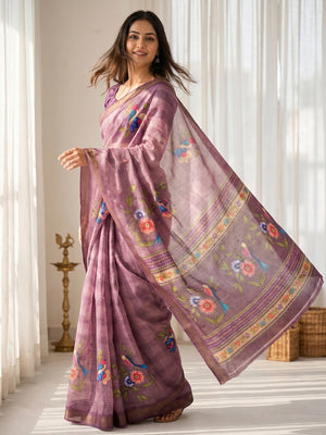 Elegant Mauve Pure Cotton Saree with Digital Print and Zari Border - Image 1
