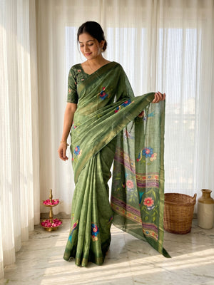 Elegant Green Pure Cotton Saree with Digital Print and Zari Border - Image 1