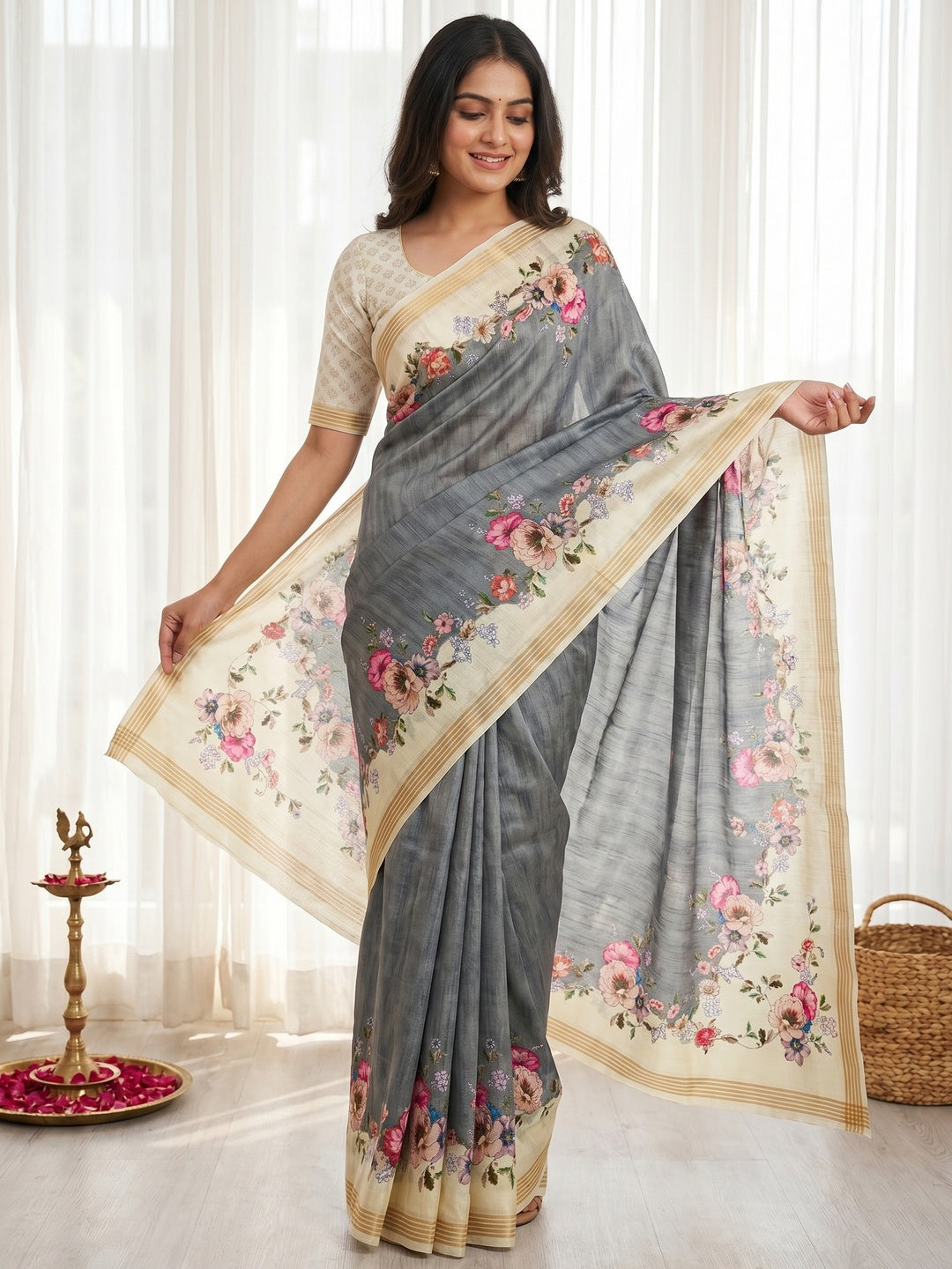 Elegant Grey Dola Silk Saree with Floral Digital Print and Zari Border - Image 1